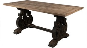 Masă dining shabby chic dreptunghiulară din lemn, natur, 8 locuri, cu bază în volute, finisaj negru antichizat, 78 x 180 x 90 cm, „Château”