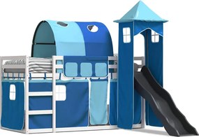 vidaXL Pat supraetajat cu tobogan și perdele, albastru, 80x200 cm