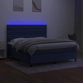 Pat cu arcuri, saltea si LED, albastru, 180x200 cm, textil Albastru, 180 x 200 cm, Design cu nasturi