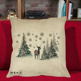 Perna Decorativa Ren in Padure Inzapezita, 40x40 cm, Crem, Husa Detasabila, Perna Inclusa, BEKZ®