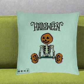 Perna Decorativa Halloween Schelet cu Cap de Dovleac Powerlifting, 40x40 cm, Verde Menta, Husa Detasabila, Perna Inclusa, BEKZ®