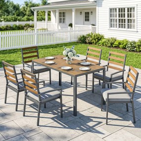 Outsunny Set mobilier grădină 7 piese, set cu 1 masă de dining, 6 scaune, perne, pentru terasă, lemn natural | Aosom Romania