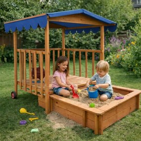 Groapa cu nisip cu verandă HAPPY, 130x130x143cm, maro/albastru Jurhan