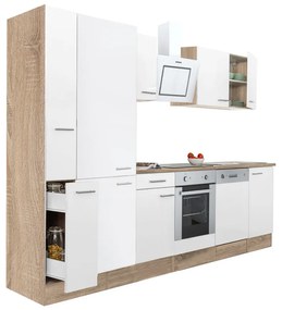 Mobilă de bucătărie Yorki 310, corp din stejar sonoma, față alb satinat cu element inferior al cuptorului, dulap cu raft