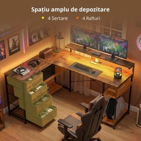 HOMCOM Birou de gaming în formă de L cu priză integrată, iluminare LED, 4 sertare, suport monitor 155x110x91,4 cm Maro | Aosom Romania