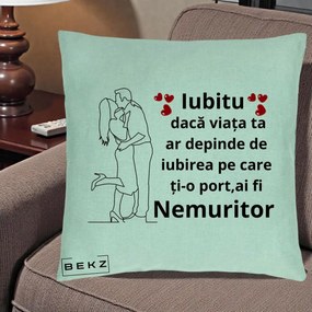 Cadou pentru Iubit - Perna Personalizata Iubitu Nemuritor cu Cuplu Line-Art si Inimi Rosii, 40x40 cm, Verde Menta, Husa Detasabila, Perna Inclusa, BEKZ®
