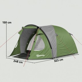 Outsunny Cort de Camping pentru 4 Persoane, 2 Camere, Ferestre și Uși, Preș de Sol, Cârlig în Tavan, 323x248x150cm, Verde | Aosom Romania