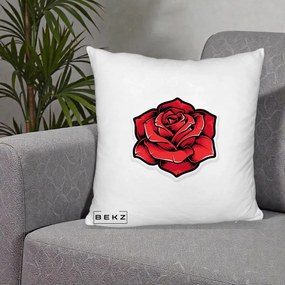 Perna Decorativa Trandafir Rosu Tattoo, 40x40 cm, Alb Pufos, Husa Detasabila, Perna Inclusa, BEKZ®