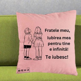Cadou pentru Frate - Perna Personalizata Fratele Meu Te Iubesc Copii Tinand Maini Line Art, 40x40 cm, Roz, Husa Detasabila, Perna Inclusa, BEKZ®