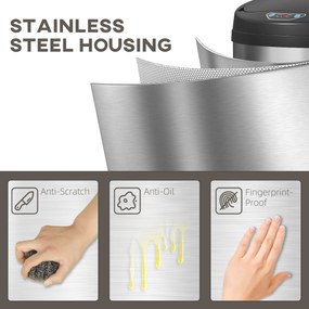 Coș de gunoi HOMCOM de 42L cu Senzor de Mișcare și Deschidere Automată, din Oțel Inoxidabil și ABS, 30.5x30.5x68 cm, Negru și Argintiu | Aosom Romania