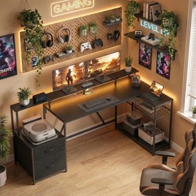 HOMCOM Birou Gaming Reversibil în Formă de L cu LED, Birou Colțar 192,5 cm cu Prize Electrice, Suport Monitor și CPU, 2 Sertare din Material Textil pentru Documente A4/Legal, pentru Acasă sau Birou, Negru | Aosom Romania