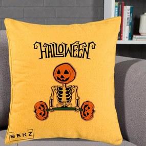 Perna Decorativa Halloween Schelet cu Cap de Dovleac Powerlifting, 40x40 cm, Galben, Husa Detasabila, Perna Inclusa, BEKZ®