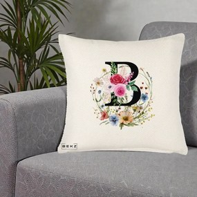 Cadou Personalizat - Perna Personalizata Monogram Litera B cu Flori Acuarela, 40x40 cm, Crem Reliefat, Husa Detasabila, Perna Inclusa, BEKZ®