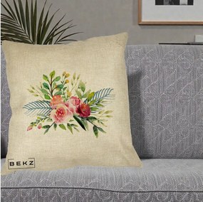 Perna Decorativa Buchet Flori Acuarela Roz-Verde, 40x40 cm, Crem, Husa Detasabila, Perna Inclusa, BEKZ®