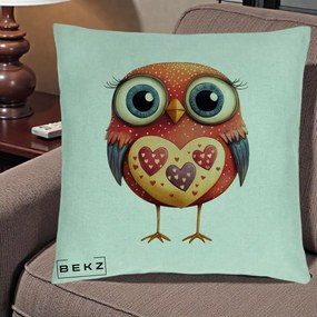Perna Decorativa Bufnita Rosie cu Inimi Aurii, 40x40 cm, Verde Menta, Husa Detasabila, Perna Inclusa, BEKZ®