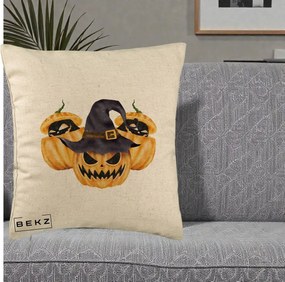 Perna Decorativa Trio Dovleci Jack-o-Lantern cu Palarie Vrajitoare, 40x40 cm, Bej, Husa Detasabila, Perna Inclusa, BEKZ®