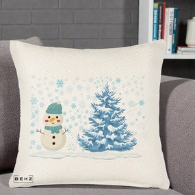 Perna Decorativa Om de Zapada si Brad Craciun, 40x40 cm, Crem Reliefat, Husa Detasabila, Perna Inclusa, BEKZ®