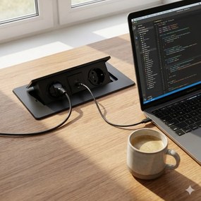 Priză încorporabilă în blat Kombibox Design Light, 2 prize Schuko, USB A + C, negru, 266 x 133 mm Metal, L:266 mm; l:133 mm, Negru
