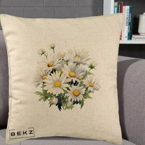 Perna Decorativa Buchet Margarete Albe Acuarela, 40x40 cm, Bej, Husa Detasabila, Perna Inclusa, BEKZ®