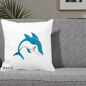 Perna Decorativa Rechin Albastru Cartoon, 40x40 cm, Alba Mata, Husa Detasabila, Perna Inclusa, BEKZ®