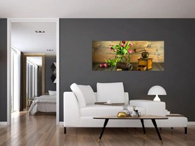 Tablou - lalele, râșniță și cafea (120x50 cm)