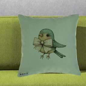 Perna Decorativa Pasare Teal cu Fundita cu Buline, 40x40 cm, Verde, Husa Detasabila, Perna Inclusa, BEKZ®