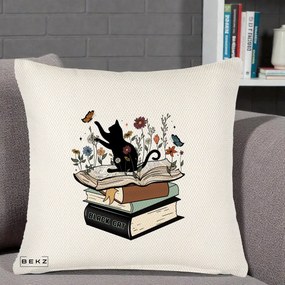 Perna Personalizata Pisica Neagra Carti Flori Fluturi, 40x40 cm, Crem Reliefat, Husa Detasabila, Perna Inclusa, BEKZ®