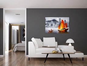 Tablou - Victoria Harbour, Hong Kong, pictură în ulei alb- negru (90x60 cm)