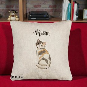 Perna Personalizata Pisica Meow Acuarela, 40x40 cm, Bej Canapea, Husa Detasabila, Perna Inclusa, BEKZ®