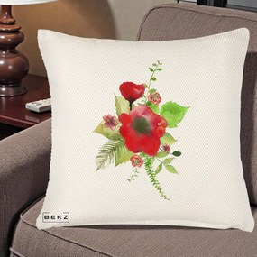 Perna Decorativa Buchet Rosu Acuarela, 40x40 cm, Crem Reliefat, Husa Detasabila, Perna Inclusa, BEKZ®