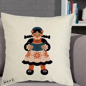Perna Personalizata Fetita cu Carte Ilustratie Folk, 40x40 cm, Ecru, Husa Detasabila, Perna Inclusa, BEKZ®