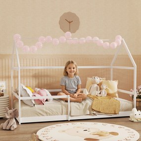 AIYAPLAY Pat Montessori pentru Copii în Formă de Căsuță cu Bariere de Protecție Anti-Cădere, 196x97.5x135 cm, Alb | Aosom Romania