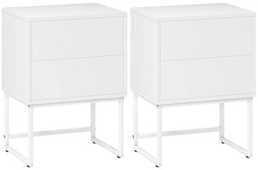 HOMCOM Set de 2 Noptiere Înguste cu 2 Sertare Deschidere la Presiune și Picioare din Oțel 40x30x55 cm Alb | Aosom Romania