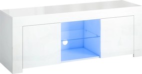 HOMCOM Dulap TV cu iluminare LED, 2 uși, raft din sticlă, orificii pentru cabluri, pentru living, placă aglomerată, Alb | Aosom Romania