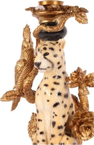 Măsuță laterală sculptată rotundă, auriu și negru, cu bază în formă de leopard și blat din sticlă, 51,5 x 40 cm, „Léopold”
