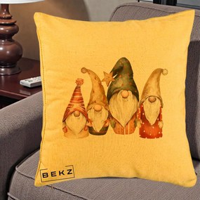 Perna Decorativa Gnomi de Craciun Patru, 40x40 cm, Galben, Husa Detasabila, Perna Inclusa, BEKZ®