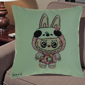 Perna Personalizata Labubu Panda-Bunny Roz, 40x40 cm, Verde, Husa Detasabila, Perna Inclusa, BEKZ®