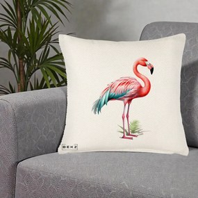 Perna Decorativa Flamingo Roz cu Pene Teal, 40x40 cm, Crem Reliefat, Husa Detasabila, Perna Inclusa, BEKZ®