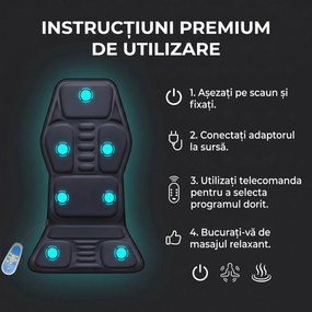 Saltea masaj scaun cu vibratii si incalzire, 9 noduri, spate si coapse, Gri