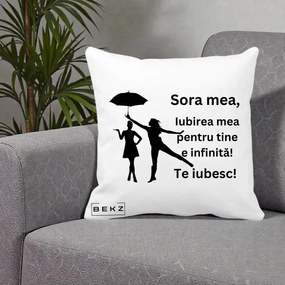 Cadou pentru Sora - Perna Personalizata Sora Mea Te Iubesc Siluete Negre cu Umbrela, 40x40 cm, Alba Mata, Husa Detasabila, Perna Inclusa, BEKZ®
