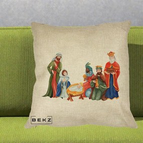Perna Decorativa Nasterea Domnului Cei Trei Magi Acuarela, 40x40 cm, Crem, Husa Detasabila, Perna Inclusa, BEKZ®