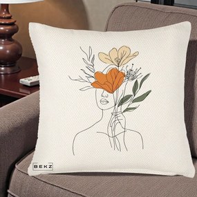 Perna Decorativa Portret Feminin Coroana Florala, 40x40 cm, Crem Reliefat, Husa Detasabila, Perna Inclusa, BEKZ®