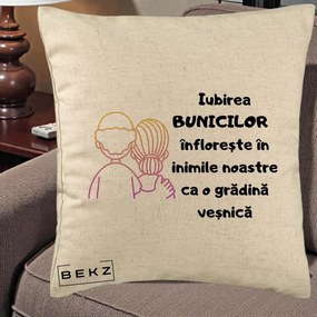Cadou pentru Bunici - Perna Personalizata Iubirea Bunicilor Infloreste Cuplu Line Art Gradient, 40x40 cm, Bej, Husa Detasabila, Perna Inclusa, BEKZ®
