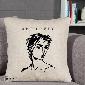 Perna Decorativa Art Lover Portret Grafic, 40x40 cm, Bej Canapea, Husa Detasabila, Perna Inclusa, BEKZ®