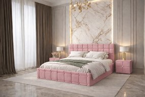 Pat tapitat Royal 140x200 cm, Roz + Saltea Superortopedica Gold, grosime 20 cm + Set 2 noptiere Royal, Roz