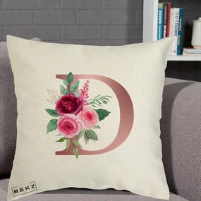 Cadou Personalizat - Perna Personalizata Monograma Rose Gold Litera D, 40x40 cm, Ecru, Husa Detasabila, Perna Inclusa, BEKZ®
