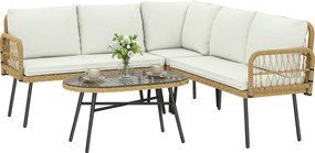 Outsunny Set mobilier din Polyrattan 4 piese, set lounge cu canapea de colț canapea dublă masă din sticlă perne detașabile până la 5 persoane | Aosom Romania