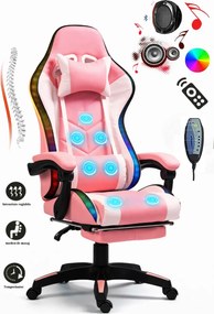 ALFORD Scaun gaming cu Masaj in 5 puncte, Perna lombara cu Masaj, Sistem iluminare banda LED RGB, Boxe Bluetooth, suport picioare, PU, Roz