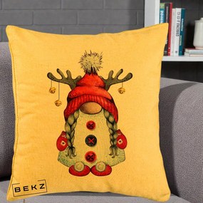 Perna Decorativa Pitic Gnom Craciun cu Coarne de Ren, 40x40 cm, Galben, Husa Detasabila, Perna Inclusa, BEKZ®