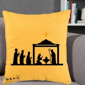 Perna Decorativa Nasterea Pruncului Silueta Neagra si Stea Aurie, 40x40 cm, Galben, Husa Detasabila, Perna Inclusa, BEKZ®